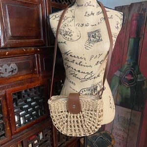 Woven Straw Crossbody Bag with Brown Strap